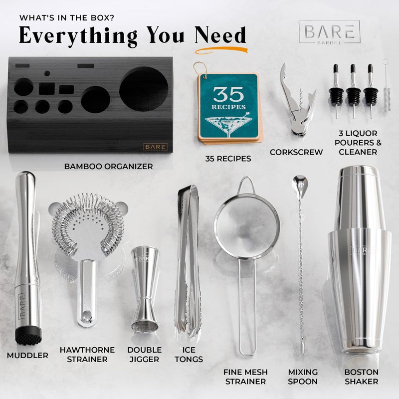 BARE BARREL Mixology Bartender Kit Bar Set | 14-Piece Cocktail Shaker Set | Martini Barware Mixing Tools for Home Bartending | Incl. 35 Recipe Cards | Gift Set (28oz Boston Shaker  Silver/Black) - Image 4
